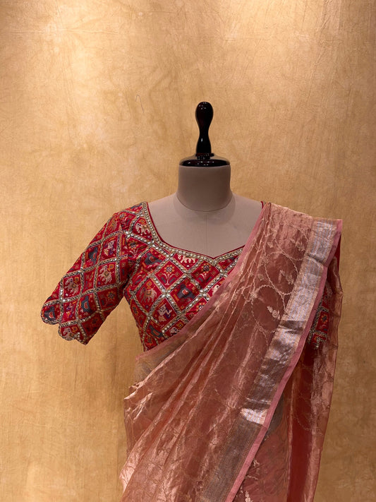 (DELIVERY IN 30 DAYS) PEACH COLOUR ORGANZA BANARASI SAREE WITH READYMADE PATOLA PRINT BLOUSE EMBELLISHED WITH GOTA PATTI WORK