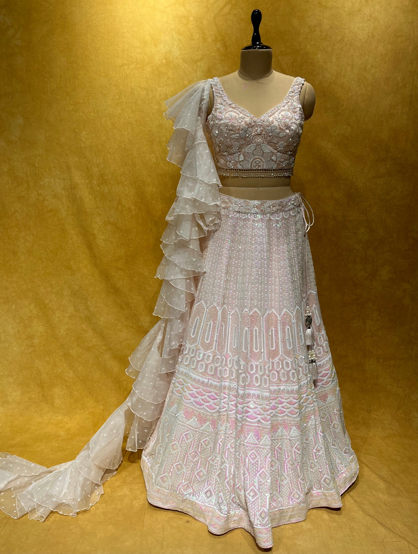 BRIDESMAIDS READYMADE BABY PINK COLOUR GEORGETTE LEHENGA & CROP TOP BLOUSE EMBELLISHED  WITH PEARL, SEQUINS & CUTDANA WORK