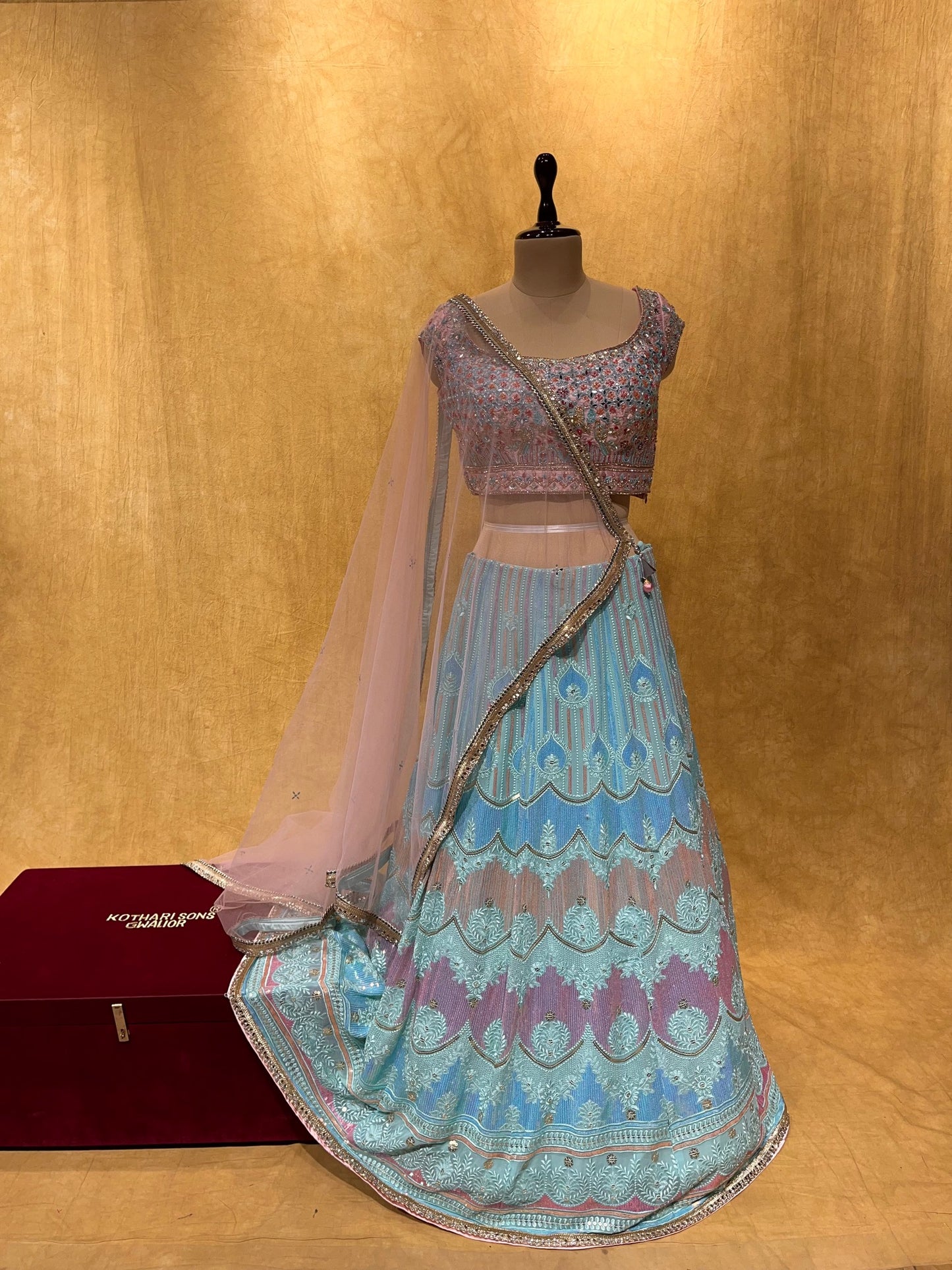 (DELIVERY IN 20-25 DAYS) AQUA BLUE COLOUR GEORGETTE LEHENGA WITH EMBROIDERED PINK BLOUSE EMBELLISHED WITH MIRROR & CUTDANA WORK