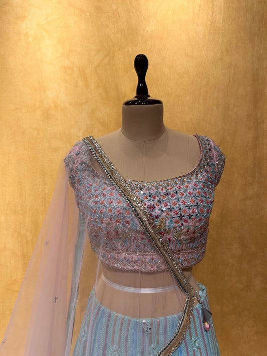(DELIVERY IN 20-25 DAYS) AQUA BLUE COLOUR GEORGETTE LEHENGA WITH EMBROIDERED PINK BLOUSE EMBELLISHED WITH MIRROR & CUTDANA WORK