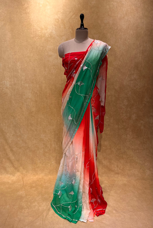 SHADED PURE CHIFFON HAND EMBROIDERED SAREE EMBELLISHED WITH SEQUINS &AARI WORK