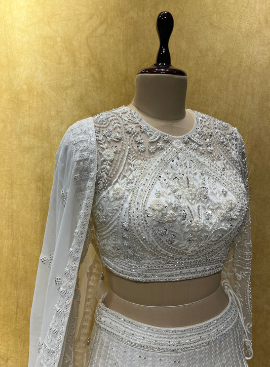 ( DELIVERY IN 25 DAYS ) BRIDESMAIDS READYMADE WHITE COLOUR ORGANZA LEHENGA WITH HAND EMBROIDERED BLOUSE  & GEORGETTE DUPATTA EMBELLISHED WITH  PEARL, CUTDANA & MIRROR FOIL WORK