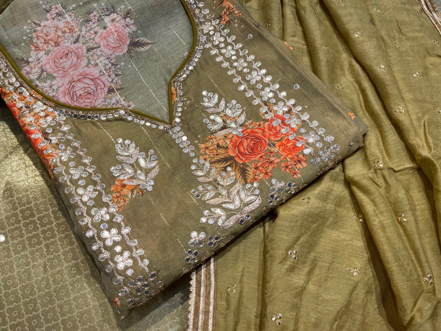 OLIVE GREEN COLOUR CHANDERI COTTON UNSTITCHED SUIT EMBELLISHED GOTA PATTI WORK