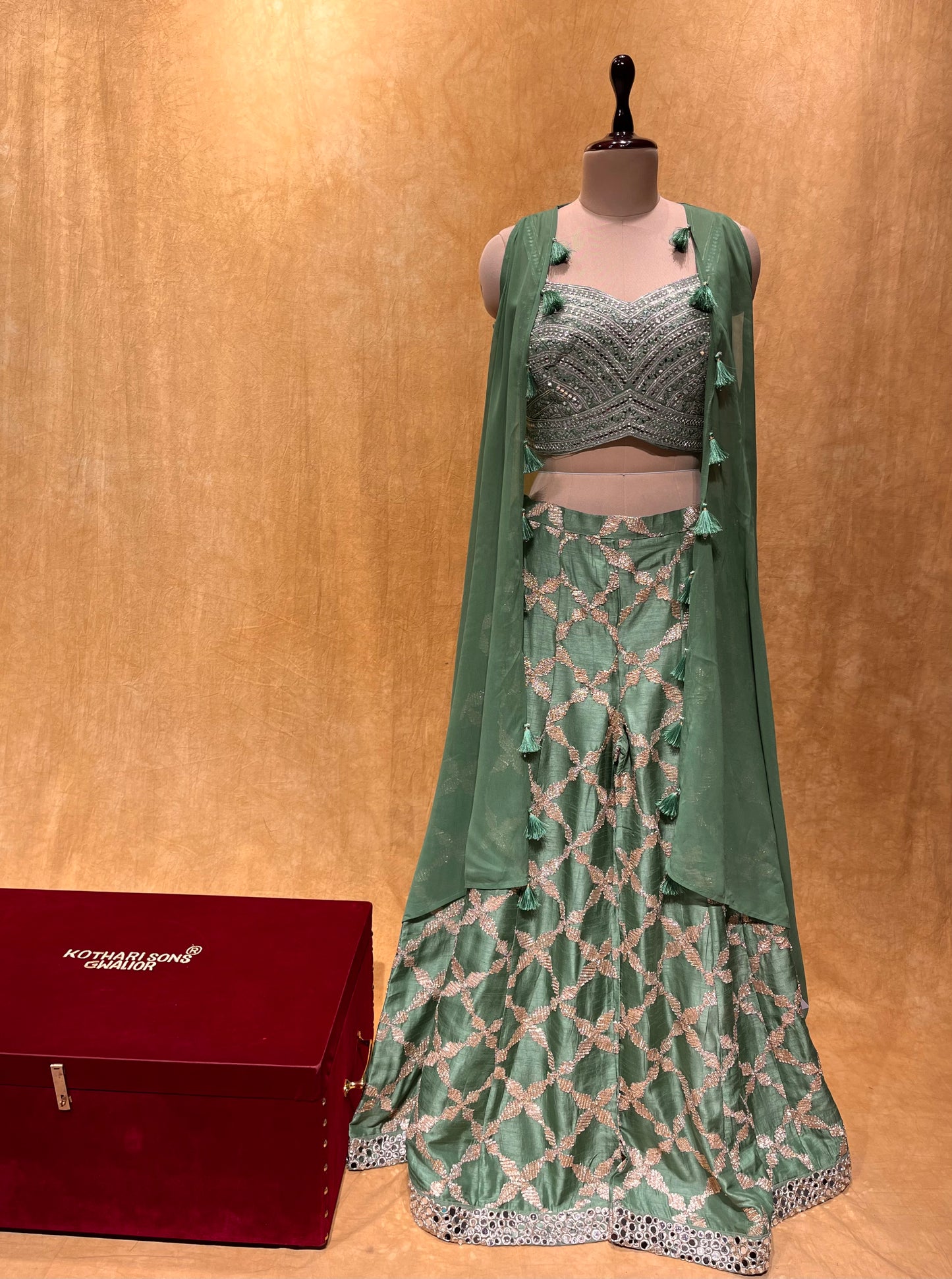 (DELIVERY IN 20-25 DAYS) GREEN COLOUR CROPTOP SHARARA DRESS WITH GEORGETTE SHRUG, EMBELLISHED WITH GOTA PATTI & MIRROR WORK