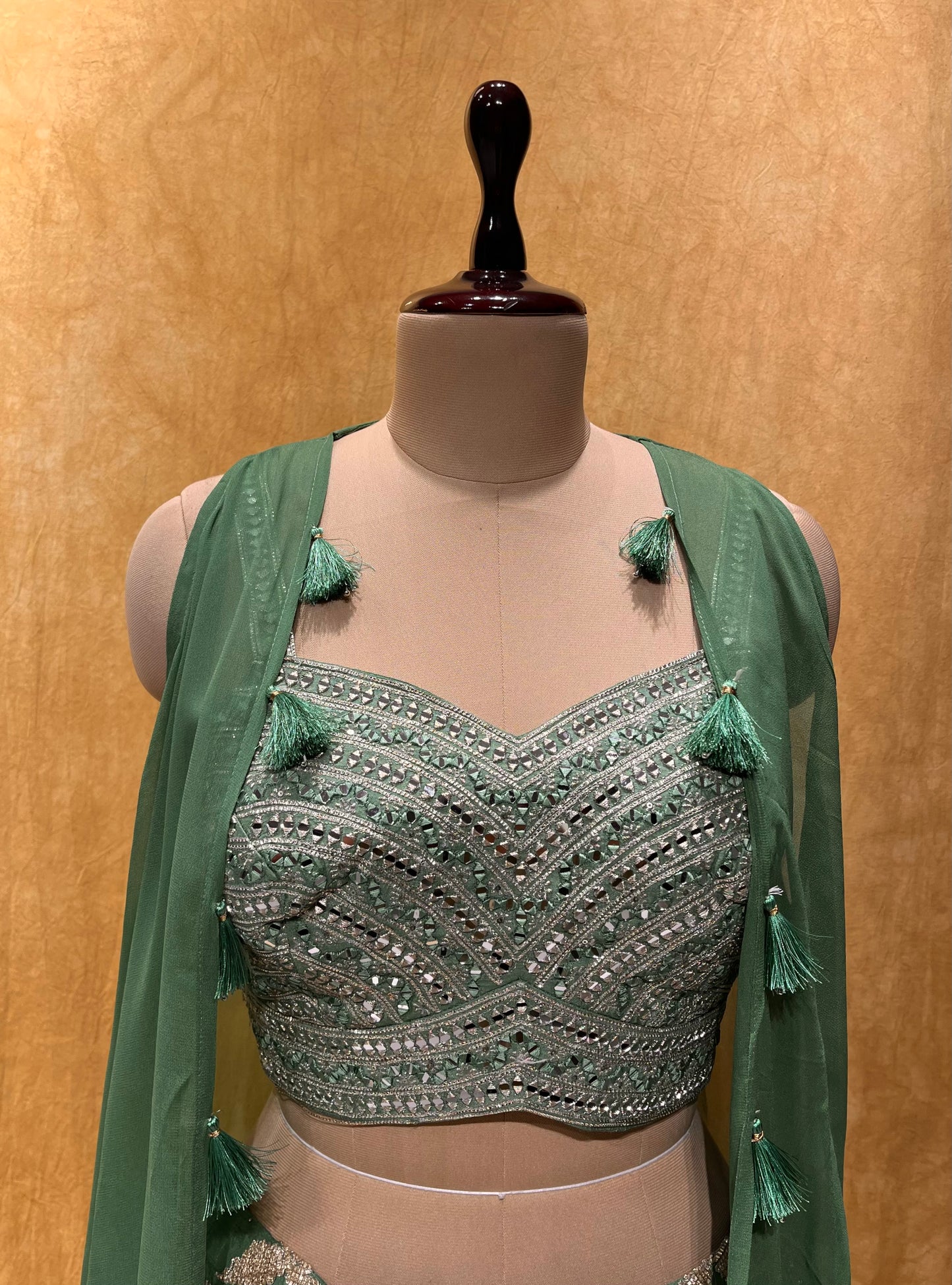 (DELIVERY IN 20-25 DAYS) GREEN COLOUR CROPTOP SHARARA DRESS WITH GEORGETTE SHRUG, EMBELLISHED WITH GOTA PATTI & MIRROR WORK