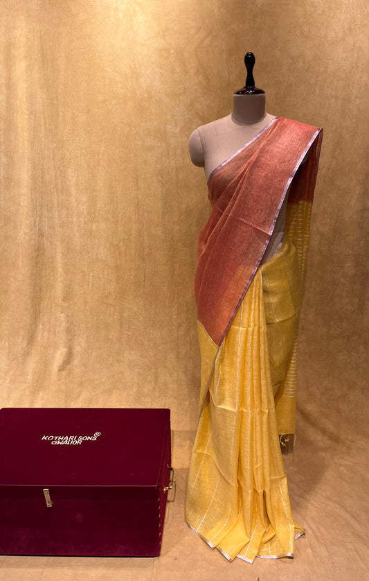 ( DELIVERY IN 25 DAYS ) YELLOW COLOUR LINEN HANDLOOM SAREE