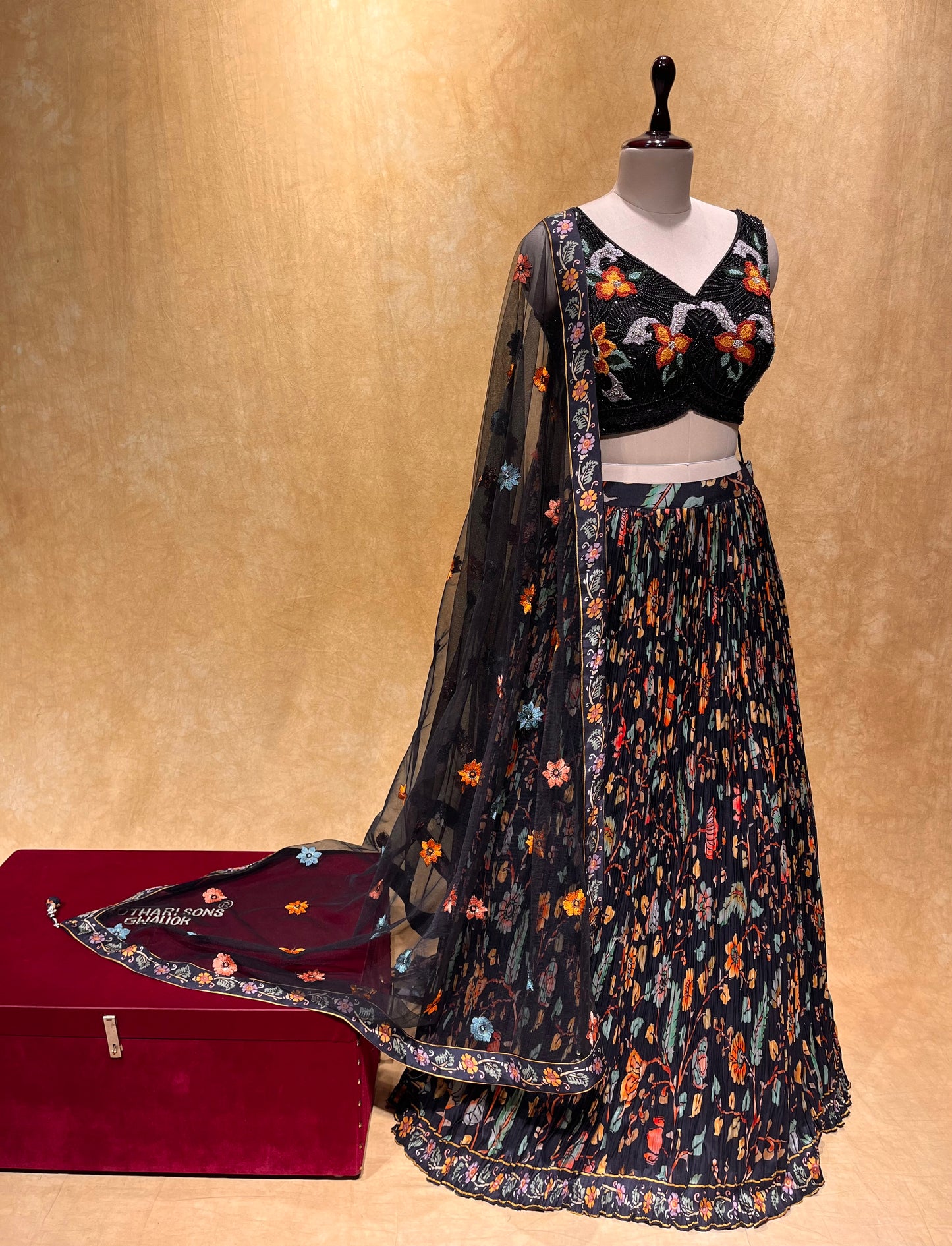 (DELIVERY IN 25 DAYS) BRIDESMAIDS READYMADE BLACK FLORAL PRINTED LEHENGA WITH HAND EMBROIDERED CROP TOP BLOUSE & NET DUPATTA EMBELLISHED WITH CUTDANA, BEADS & RESHAM EMBROIDERY