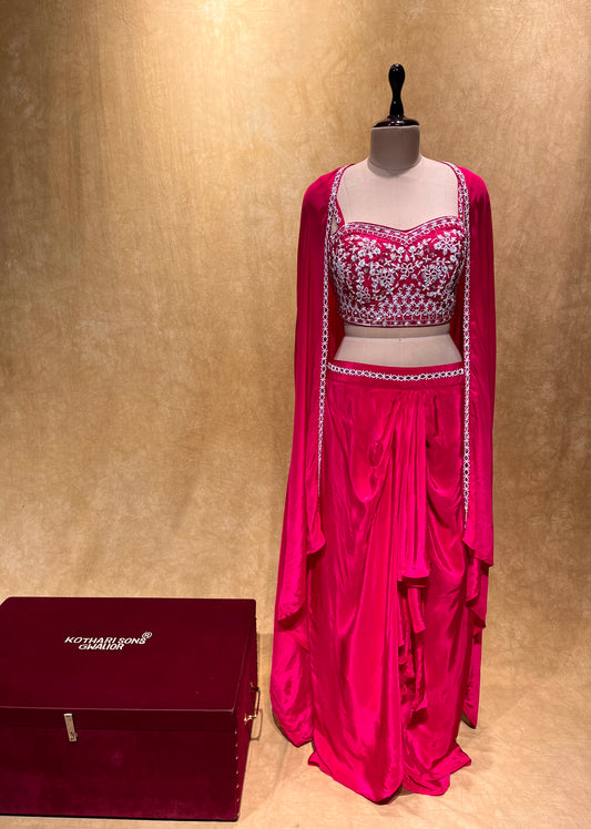 (DELIVERY IN 25 DAYS) PINK COLOUR INDO-WESTERN DRESS CREPE SILK DHOTI STYLE SKIRT, HAND EMBROIDERED CROP TOP & SHRUG EMBELLISHED WITH MIRROR, CUTDANA & PEARL WORK