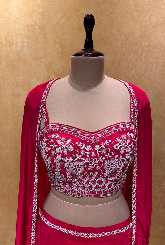 (DELIVERY IN 25 DAYS) PINK COLOUR INDO-WESTERN DRESS CREPE SILK DHOTI STYLE SKIRT, HAND EMBROIDERED CROP TOP & SHRUG EMBELLISHED WITH MIRROR, CUTDANA & PEARL WORK