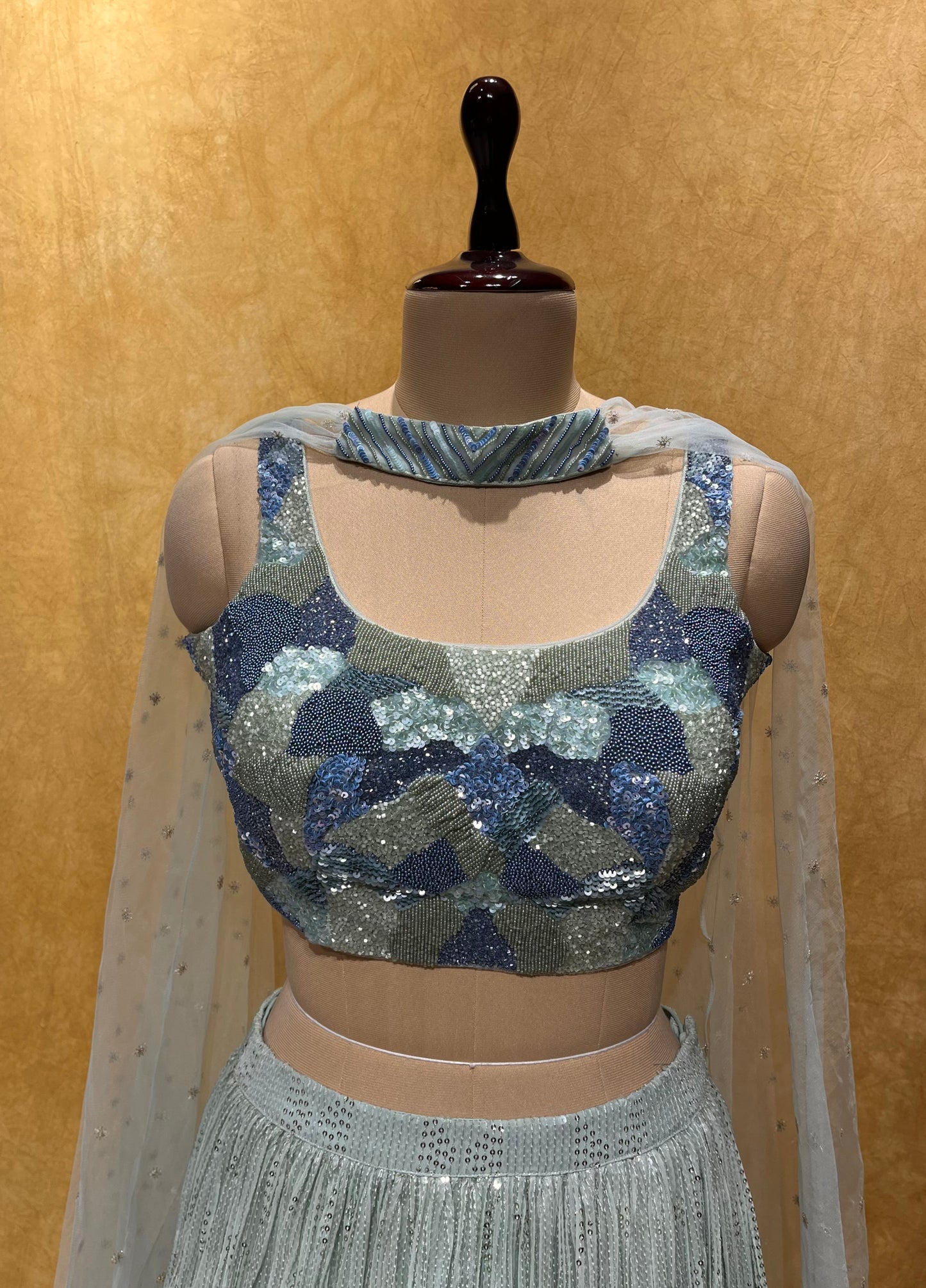 (DELIVERY IN 25-30 DAYS) BRIDESMAIDS READYMADE BLUE SHADED SEQUINS LEHENGA WITH CROP TOP BLOUSE EMBELLISHED WITH SEQUINS, BEADS & CUTDANA WORK