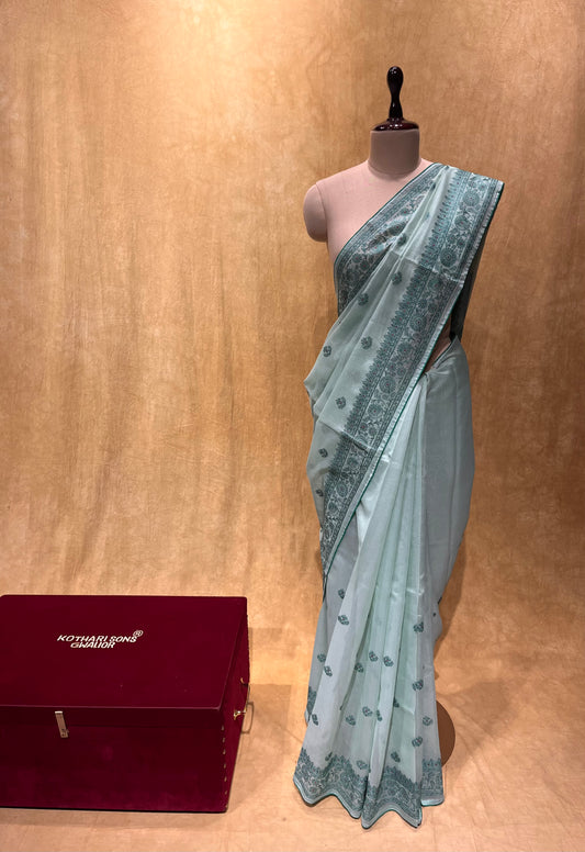 ( DELIVERY IN 25 DAYS ) SEA GREEN ART COTTON SILK EMBROIDERY SAREE EMBELLISHED WITH RESHAM EMBROIDERY