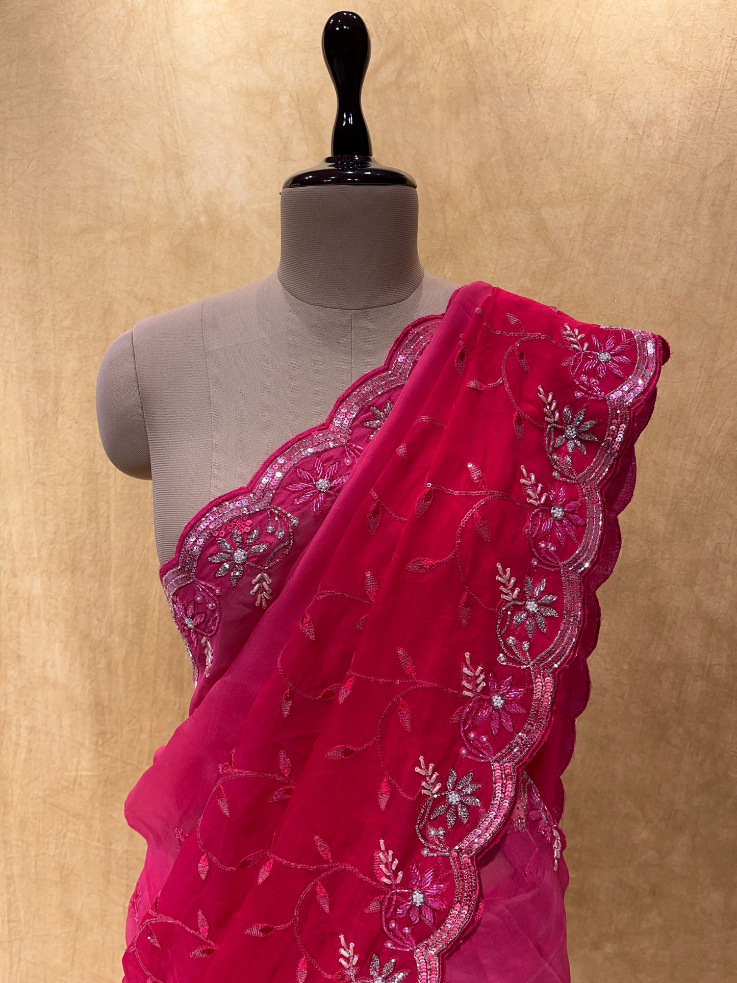SHADED PINK COLOUR ORGANZA SAREE EMBELLISHED WITH SEQUINS & CUTDANA WORK