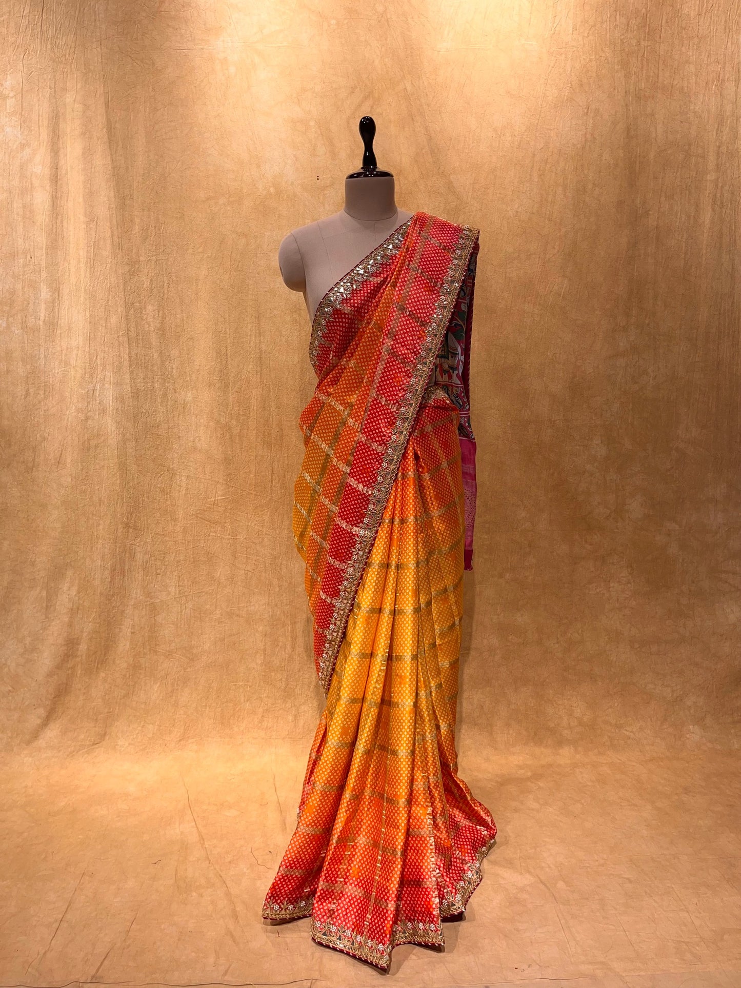 (DELIVERY IN 20-25 DAYS) SHADED YELLOW SATIN SILK GHARCHOLA SAREE EMBELLISHED WITH GOTA PATTI WORK