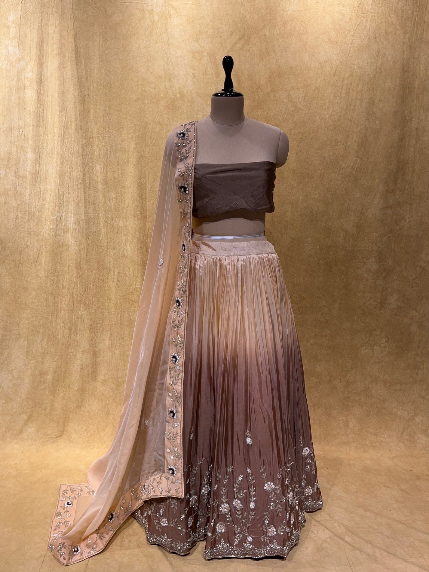 BRIDESMAIDS READYMADE BROWN COLOUR SHADED LEHENGA, UNSTITCHED BLOUSE WITH ORGANZA DUPATTA EMBELLISHED WITH CUTDANA WORK