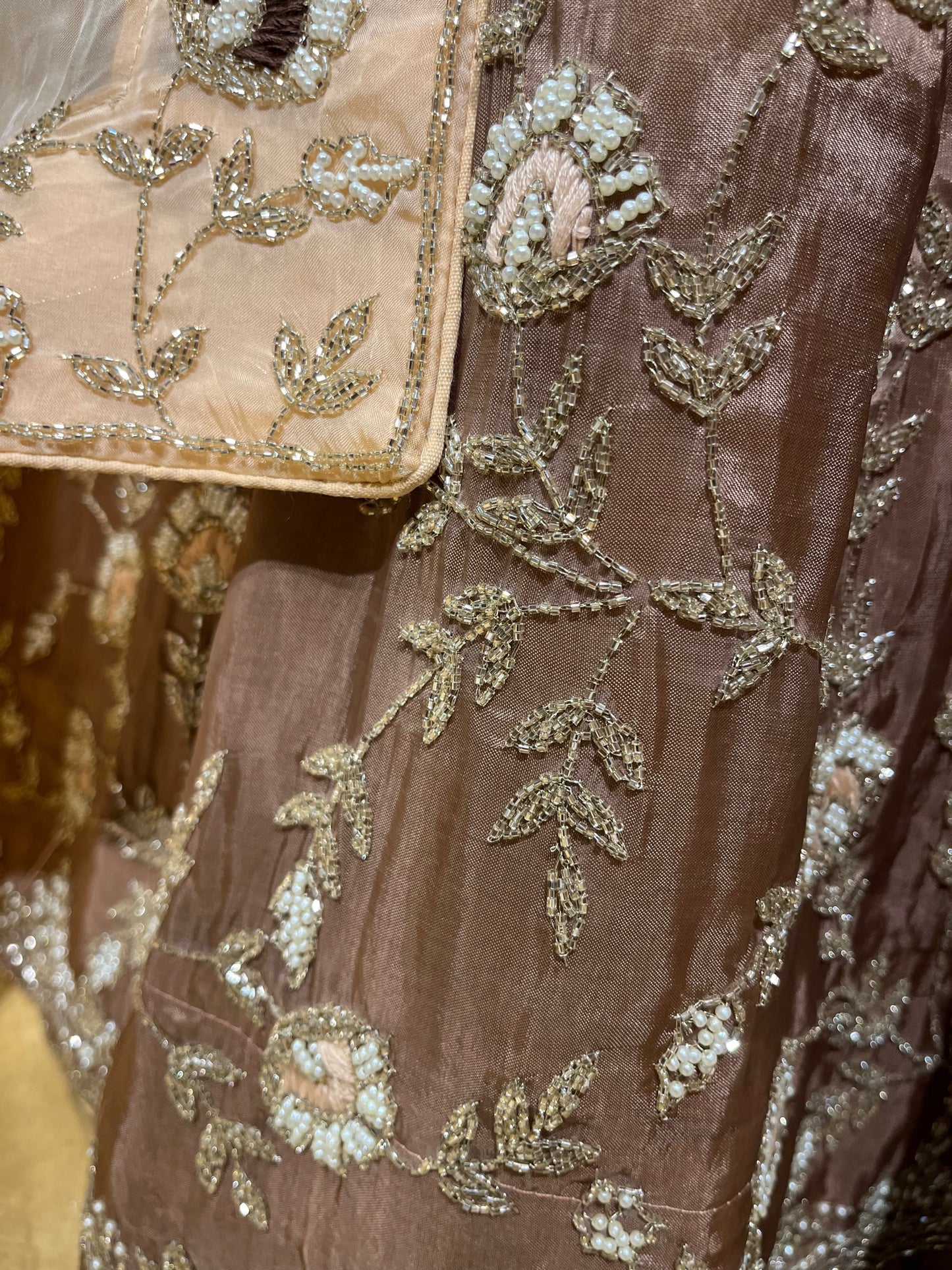 BRIDESMAIDS READYMADE BROWN COLOUR SHADED LEHENGA, UNSTITCHED BLOUSE WITH ORGANZA DUPATTA EMBELLISHED WITH CUTDANA WORK