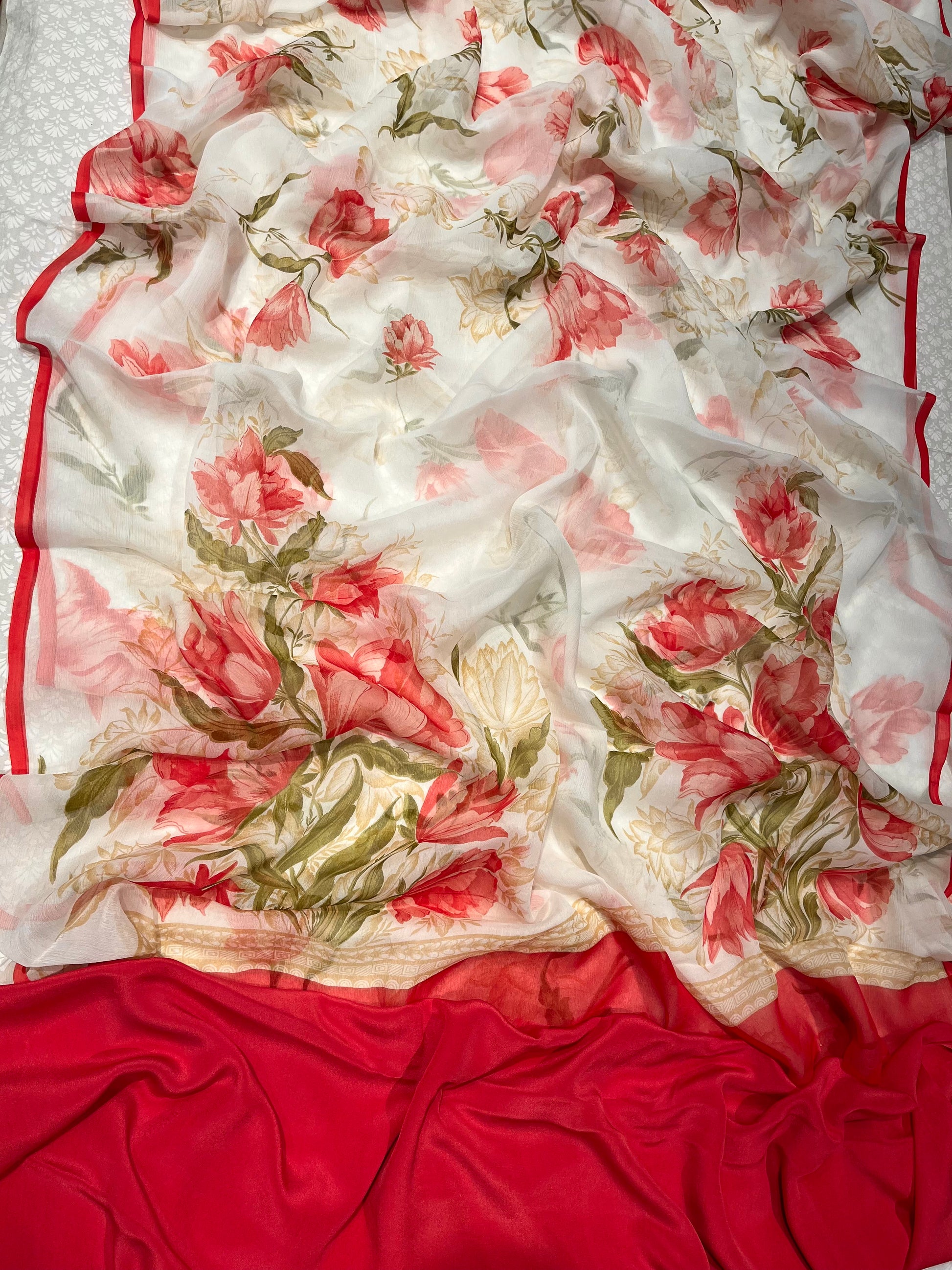 White Floral Chiffon Sari Printed Saree khatli work Saree with Sequence  Border