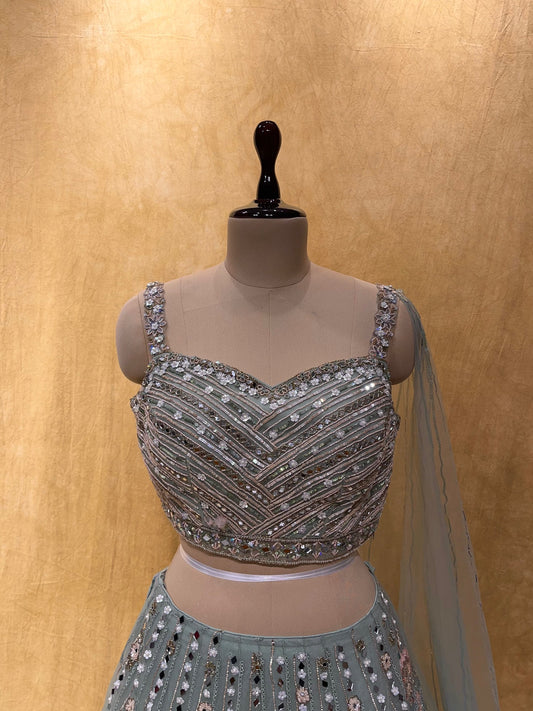 (DELIVERY IN 20-25 DAYS) SEA GREEN COLOUR CROP TOP & SKIRT EMBELLISHED WITH SEQUINS & MIRROR WORK