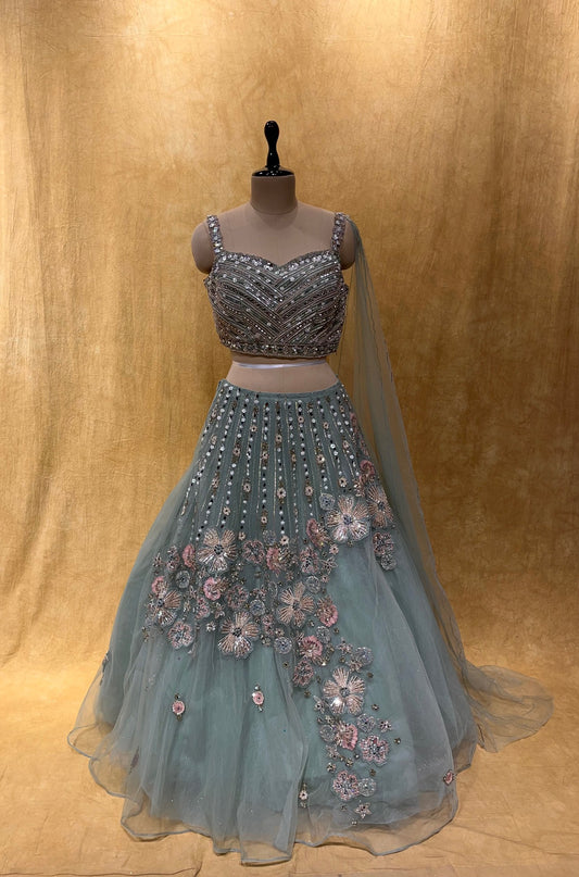 (DELIVERY IN 20-25 DAYS) SEA GREEN COLOUR CROP TOP & SKIRT EMBELLISHED WITH SEQUINS & MIRROR WORK