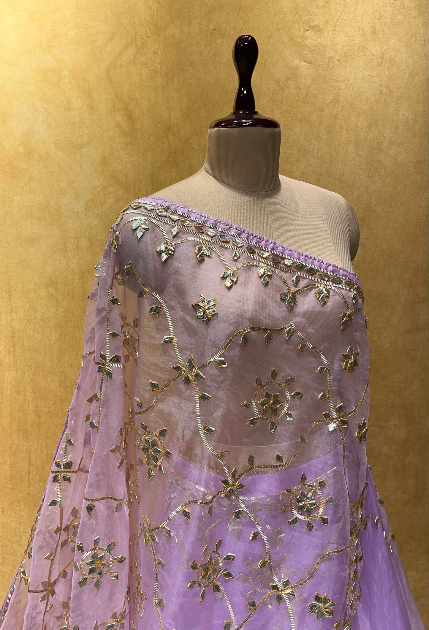 BRIDESMAIDS LAVENDER COLOUR ORGANZA LEHENGA WITH UNSTITCHED BLOUSE EMBELLISHED WITH GOTA PATTI WORK