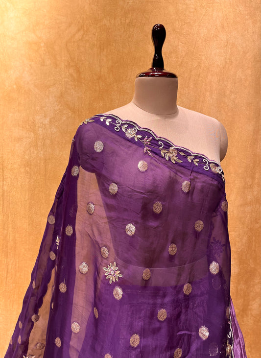 (DELIVERY IN 25 DAYS) PURPLE COLOUR CREPE SILK LEHENGA WITH ORGANZA DUPATTA EMBELLISHED WITH GOTA PATTI, CUTDANA WORK