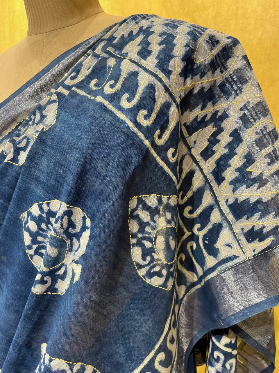 Indigo Leaf Print Saree With Zari Border - Oorjaa Shopping