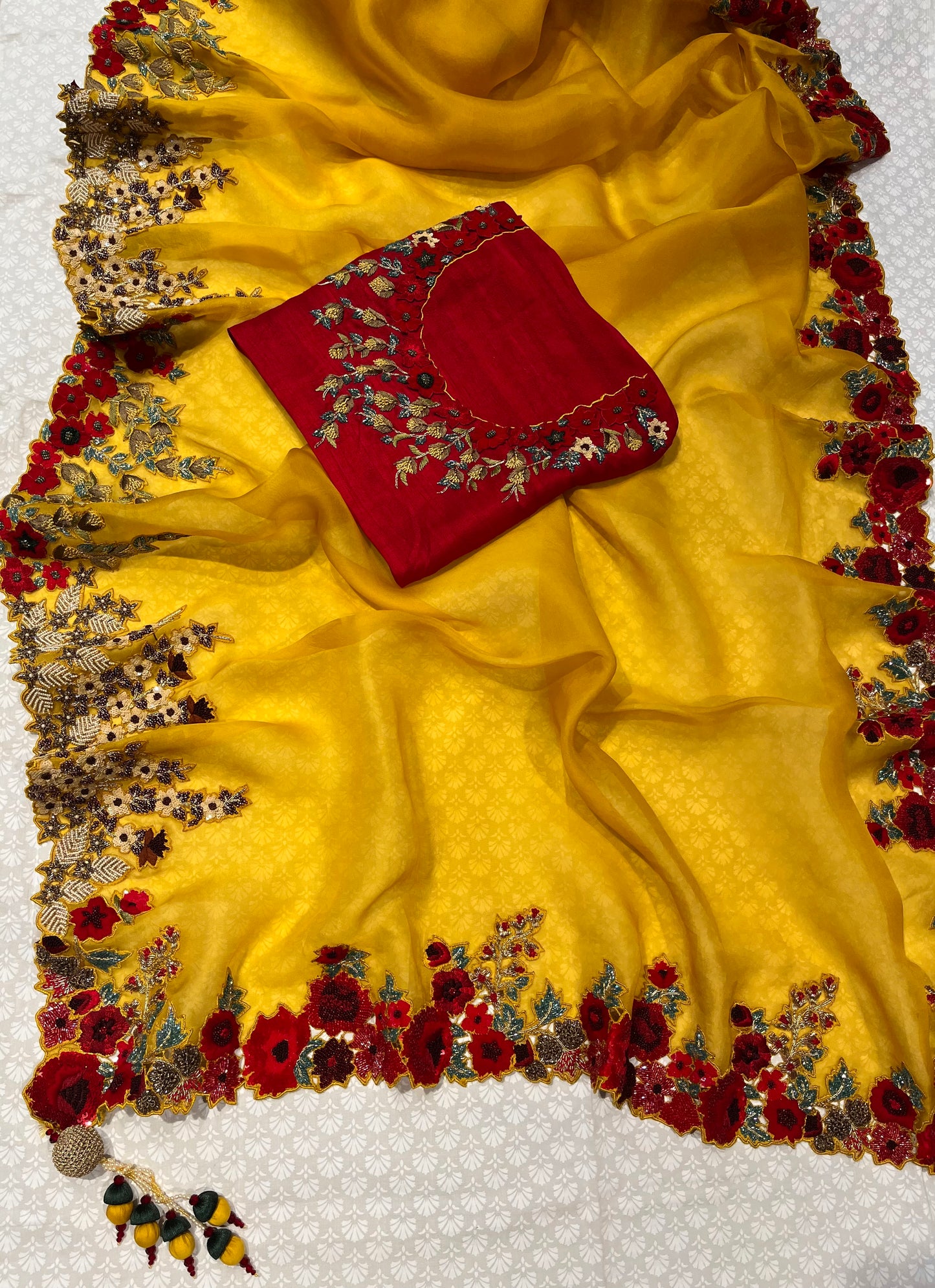 ( DELIVERY IN 25 DAYS ) MUSTARD COLOUR PURE ORGANZA HAND EMBROIDERED SAREE EMBELLISHED WITH SEQUINS, CUTDANA & ZARDOSI WORK