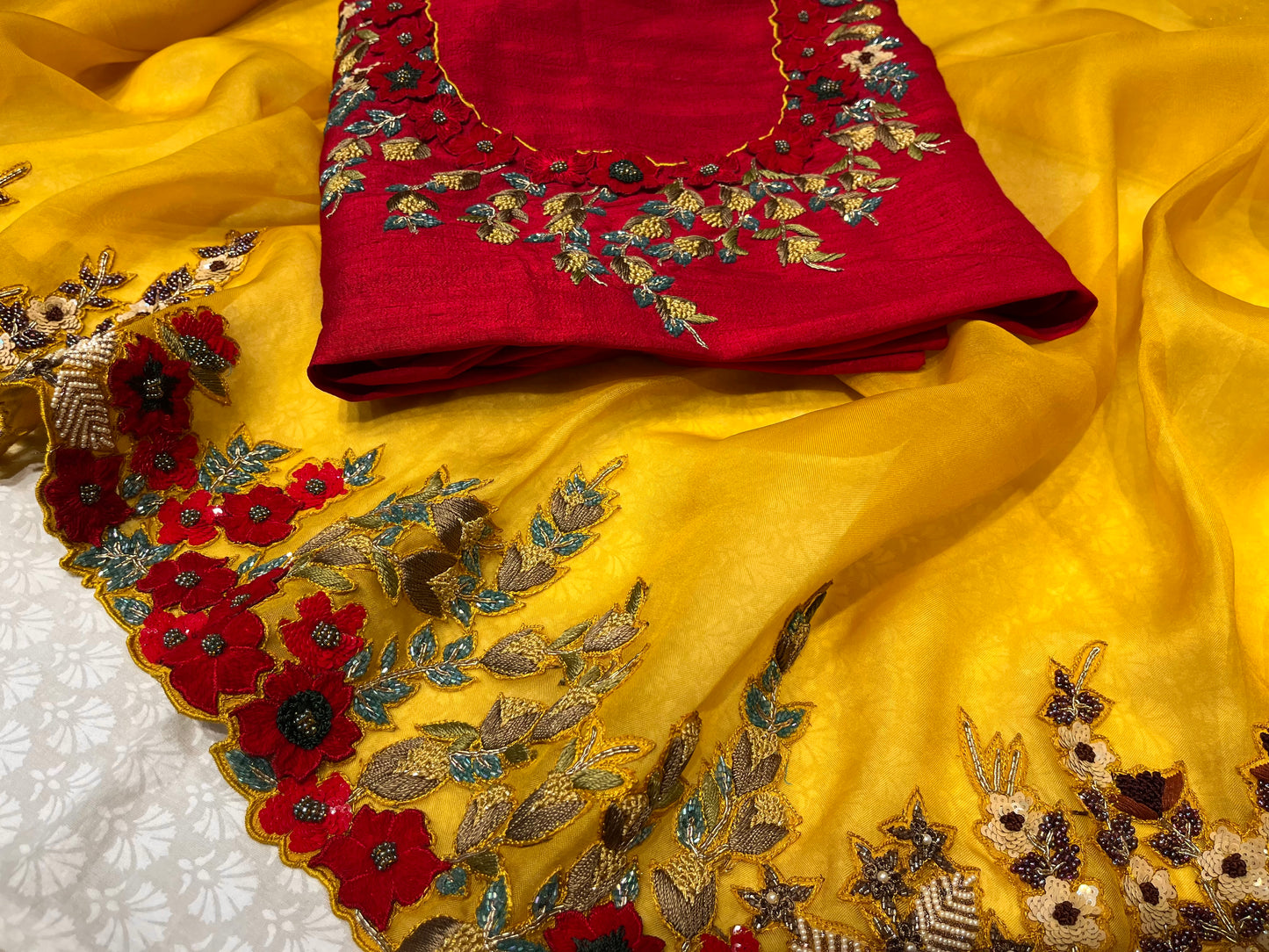 ( DELIVERY IN 25 DAYS ) MUSTARD COLOUR PURE ORGANZA HAND EMBROIDERED SAREE EMBELLISHED WITH SEQUINS, CUTDANA & ZARDOSI WORK