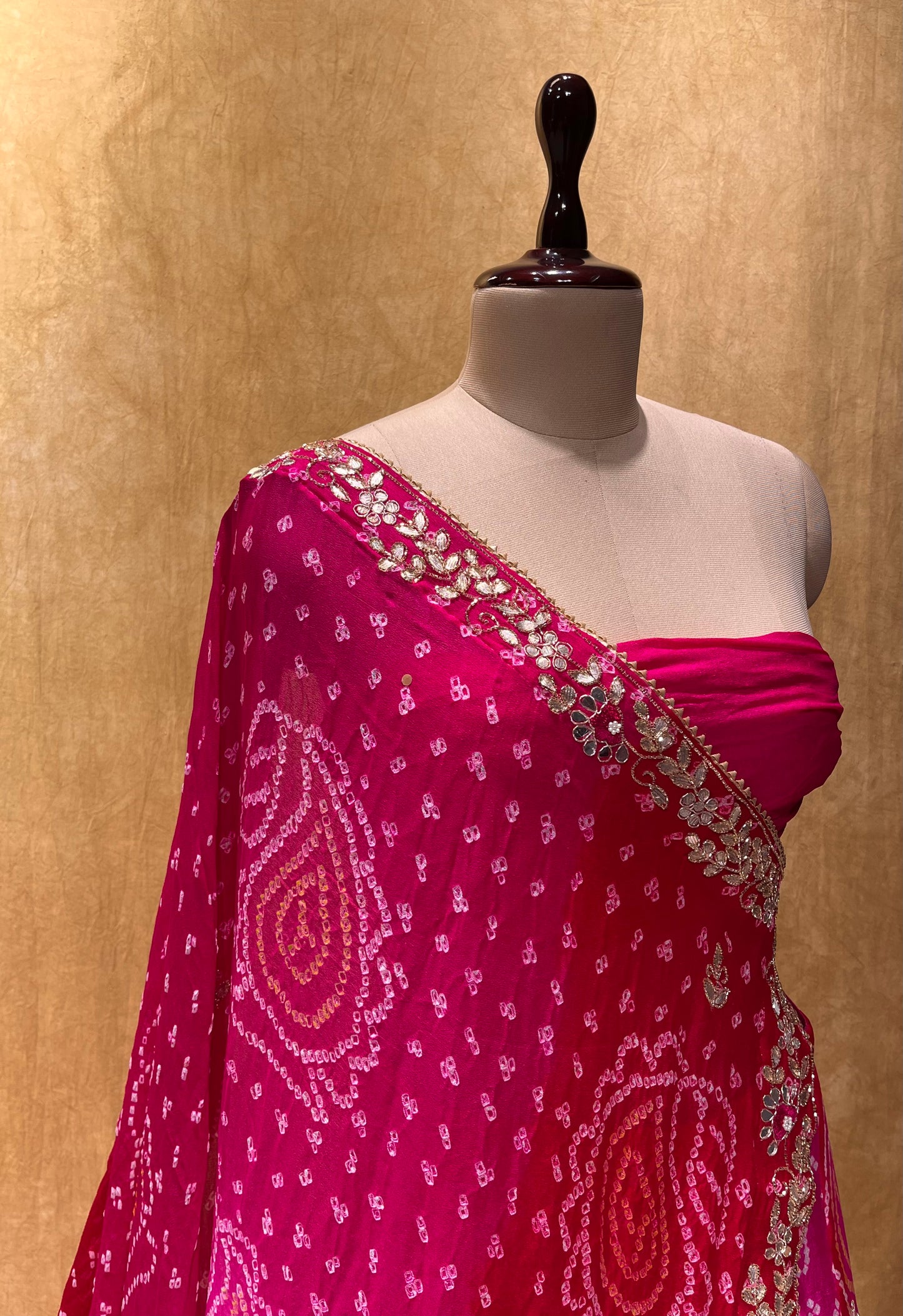 (DELIVERY IN 25 DAYS) PINK COLOUR BANDHEJ OJARIYA LEHENGA WITH UNSTITCHED BLOUSE EMBELLISHED WITH GOTA PATTI & CUTDANA WORK