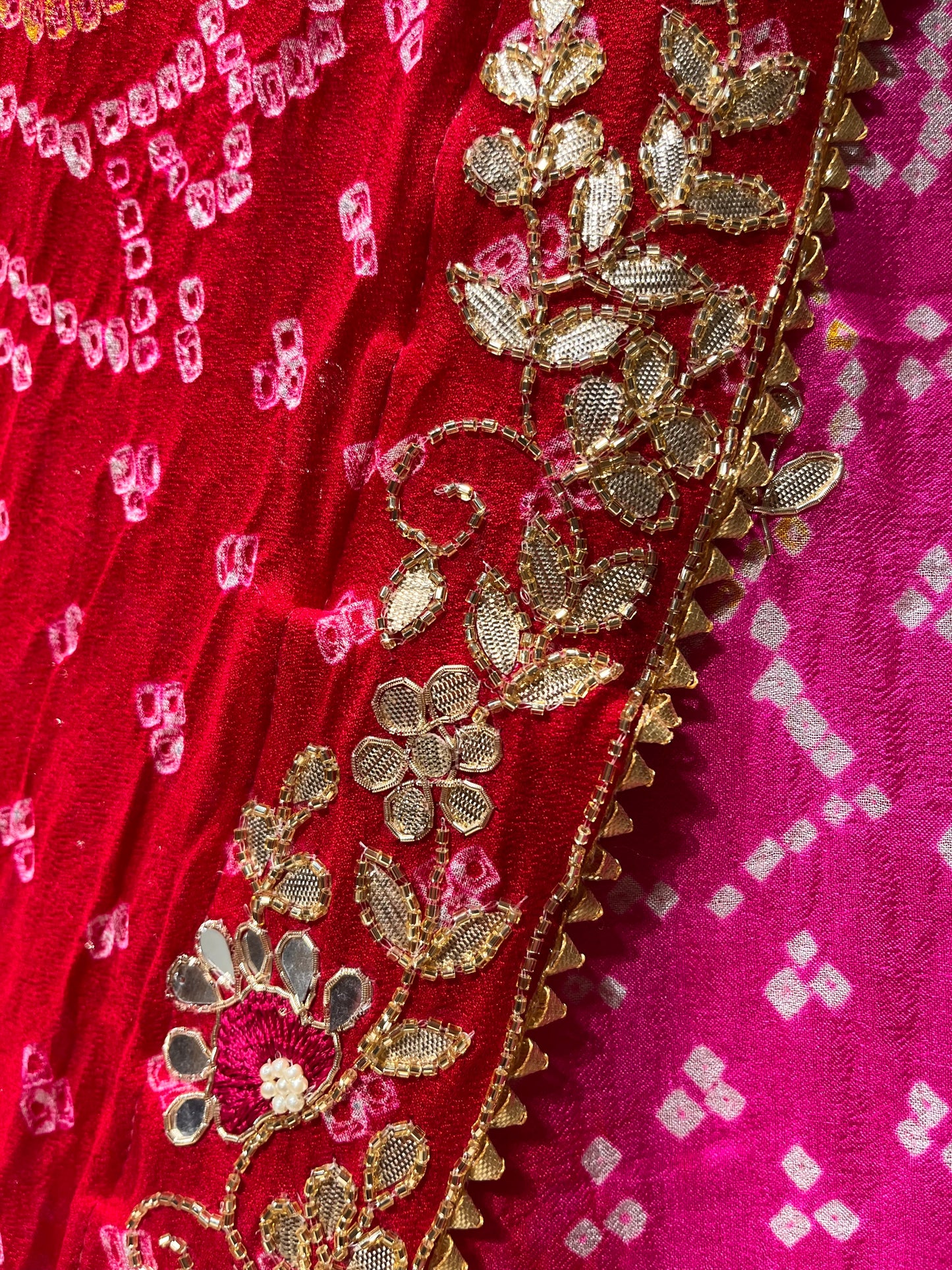 (DELIVERY IN 25 DAYS) PINK COLOUR BANDHEJ OJARIYA LEHENGA WITH UNSTITCHED BLOUSE EMBELLISHED WITH GOTA PATTI & CUTDANA WORK