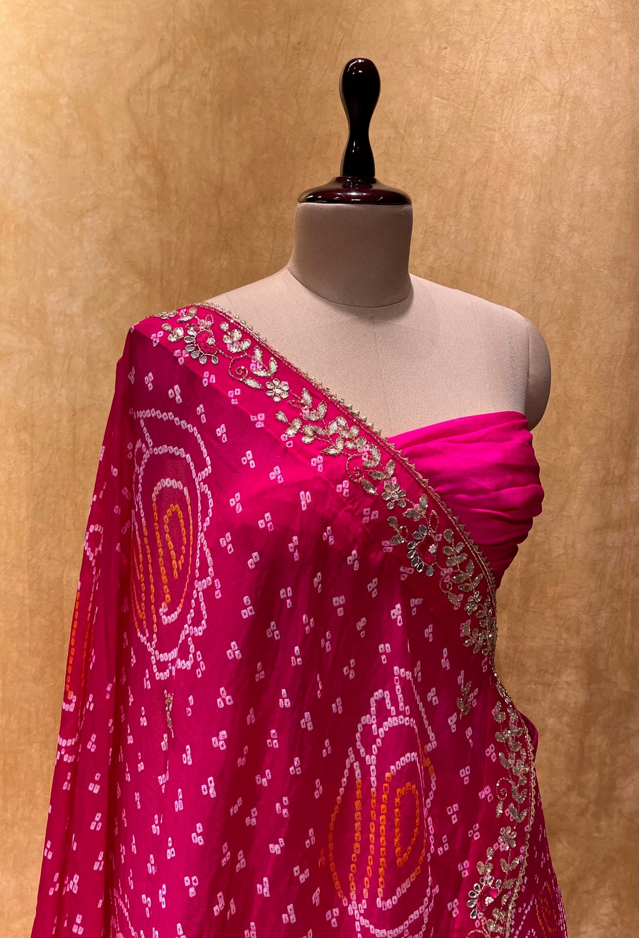(DELIVERY IN 20-25 DAYS) PINK COLOUR BANDHEJ LEHENGA WITH UNSTITCHED BLOUSE EMBELLISHED WITH GOTA PATTI & CUTDANA WORK