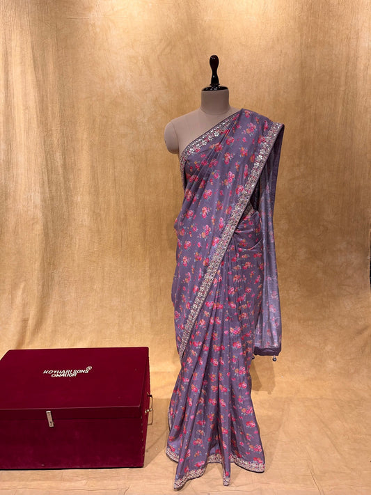 (DELIVERY IN 20-25 DAYS) MAUVE COLOUR PRINTED MUSLIN SILK SAREE EMBELLISHED WITH GOTA PATTI WORK