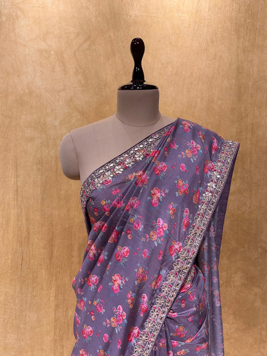 (DELIVERY IN 20-25 DAYS) MAUVE COLOUR PRINTED MUSLIN SILK SAREE EMBELLISHED WITH GOTA PATTI WORK