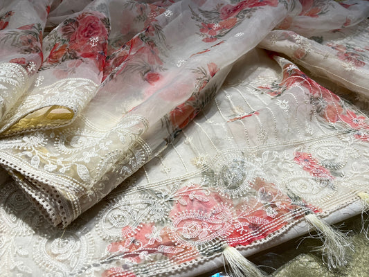 (DELIVERY IN 30 DAYS) WHITE COLOUR ORGANZA PRINTED SAREE EMBELLISHED WITH KASHMIRI EMBROIDERY