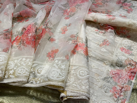 (DELIVERY IN 30 DAYS) WHITE COLOUR ORGANZA PRINTED SAREE EMBELLISHED WITH KASHMIRI EMBROIDERY