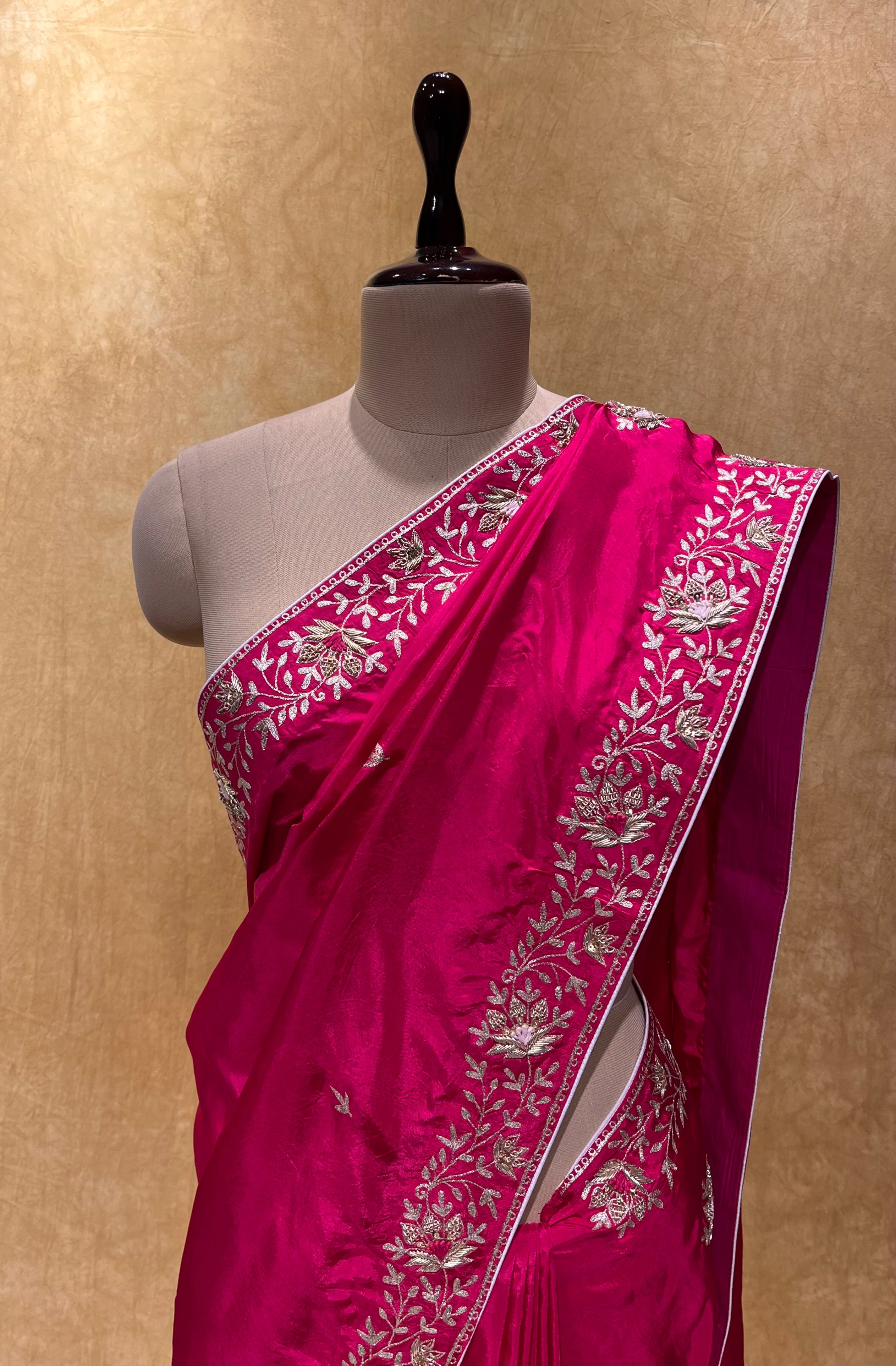 Rani Pink Satin Silk Chiffon Party Wear Saree