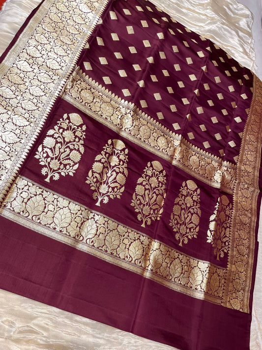 ( DELIVERY IN 25 DAYS )WINE COLOUR SATIN SILK BANARASI SAREE EMBELLISHED WITH ZARI WEAVES