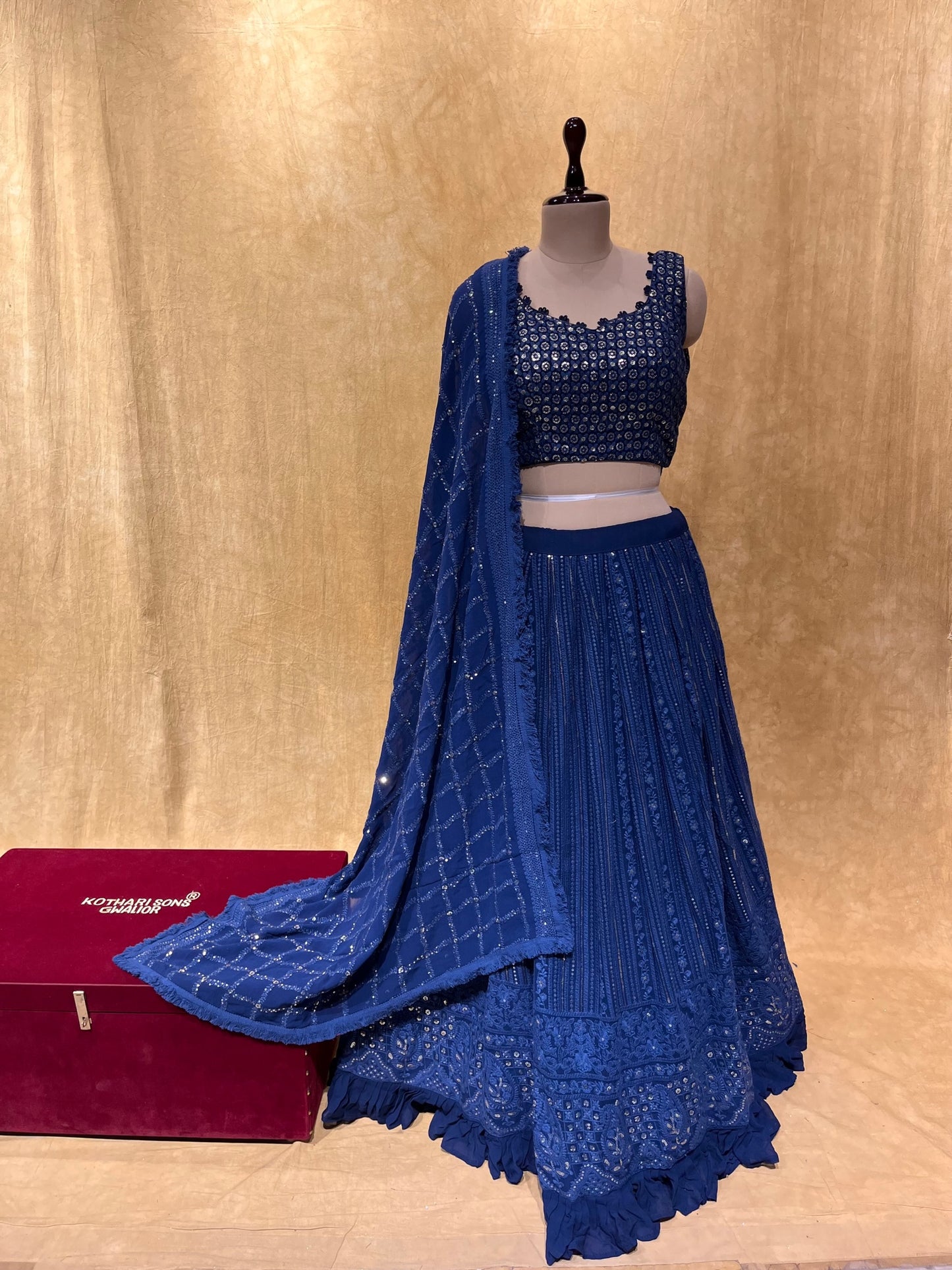 (DELIVERY IN 20-25 DAYS) BRIDESMAIDS READYMADE BLUE COLOUR GEORGETTE CHIKENKARI EMBROIDERY LEHENGA & CROP TOP BLOUSE EMBELLISHED WITH SEQUINS WORK