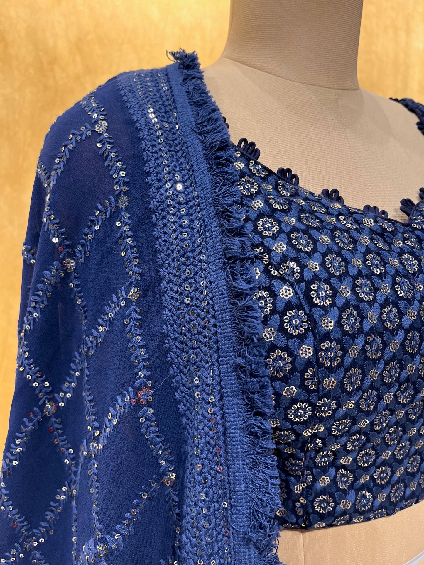 (DELIVERY IN 20-25 DAYS) BRIDESMAIDS READYMADE BLUE COLOUR GEORGETTE CHIKENKARI EMBROIDERY LEHENGA & CROP TOP BLOUSE EMBELLISHED WITH SEQUINS WORK
