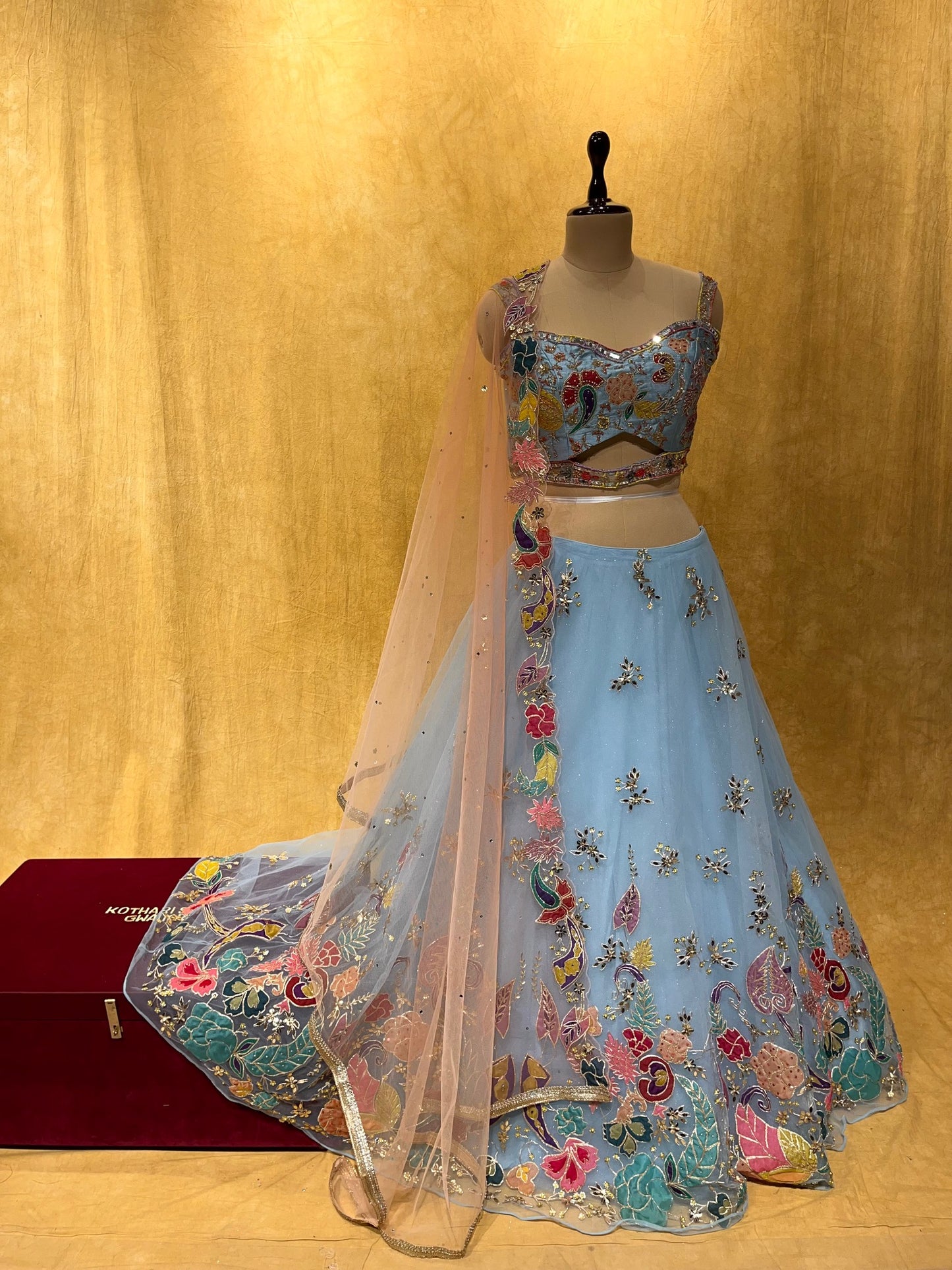 (DELIVERY IN 20-25 DAYS) BRIDESMAIDS READYMADE POWDER BLUE NET LEHENGA WITH CONTRAST DUPATTA & CROP TOP BLOUSE EMBELLISHED WITH APPLIQUE & CUTDANA WORK