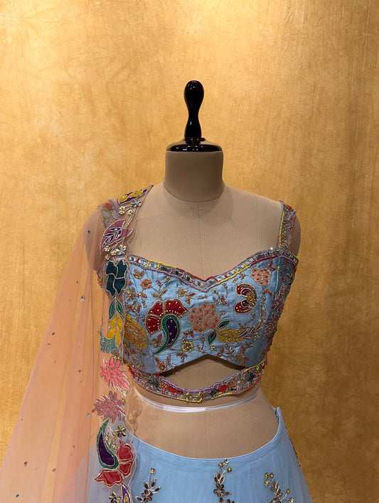 BRIDESMAIDS READYMADE POWDER BLUE NET LEHENGA WITH CONTRAST DUPATTA & CROP TOP BLOUSE EMBELLISHED WITH APPLIQUE & CUTDANA WORK
