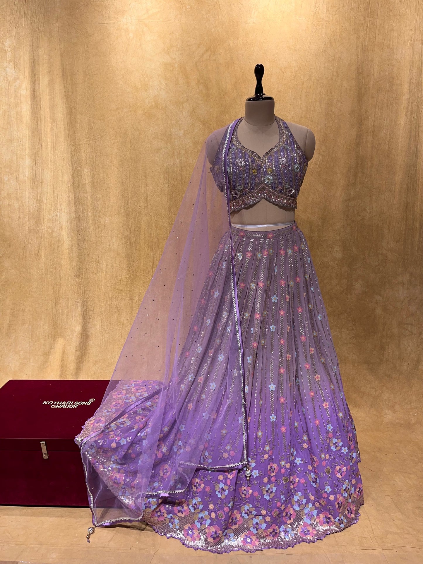(DELIVERY IN 20-25 DAYS) PURPLE SHADED GEORGETTE LEHENGA WITH DESIGNER BLOUSE EMBELLISHED WITH SEQUINS & RESHAM WORK