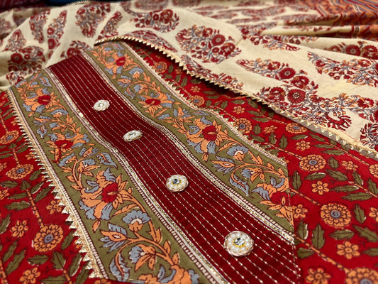 RED COLOUR COTTON PRINTED UNSTITCHED SUIT EMBELLISHED WITH GOTA PATTI WORK
