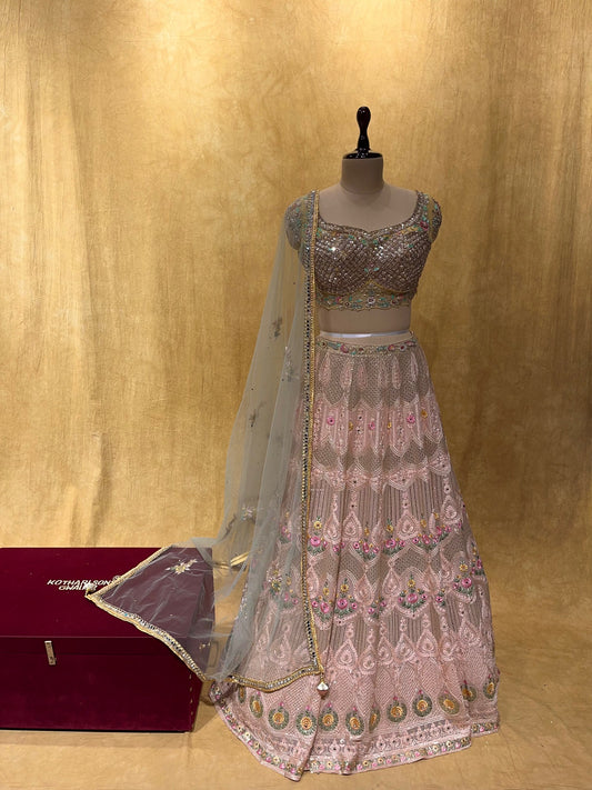 PEACH COLOUR GEORGETTE RESHAM EMBROIDERED LEHENGA WITH DESIGNER BLOUSE EMBELLISHED WITH CUTDANA & SEQUINS WORK