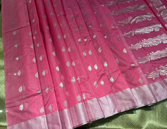 PINK COLOUR PURE CHANDERI HANDLOOM SAREE EMBELLISHED WITH SILVER ZARI BORDER & BUTTI