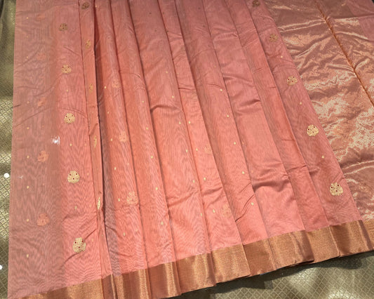 PEACH COLOUR PURE CHANDERI SAREE EMBELLISHED WITH GOLDEN ZARI BORDER & BUTTA