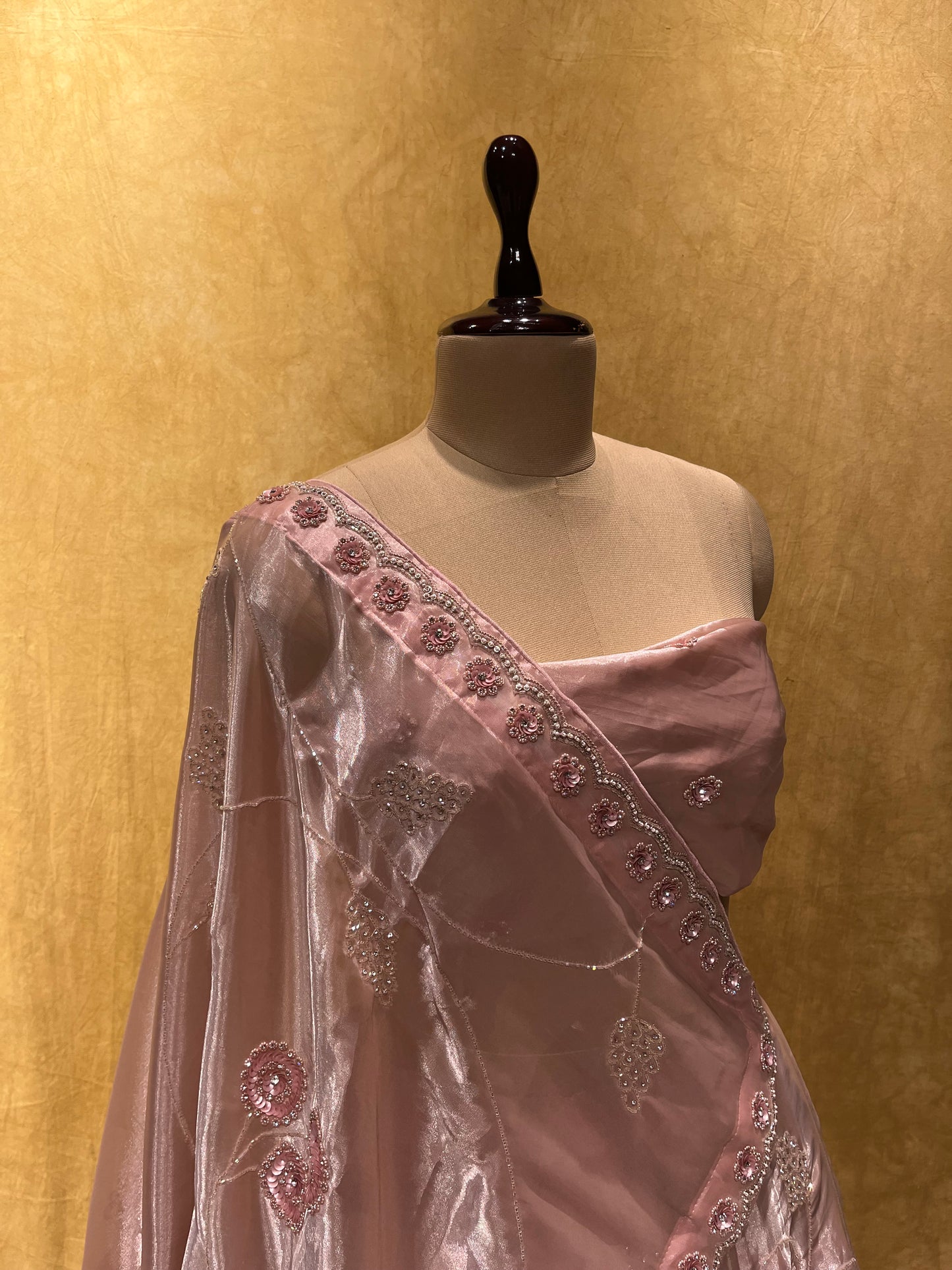 ( DELIVERY IN 25 DAYS ) PINK COLOUR ORGANZA TISSUE LEHENGA EMBELLISHED WITH CUTDANA, SEQUINS WORK & UNSTITCHED BLOUSE