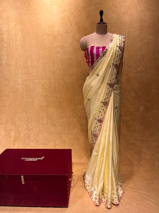 ( DELIVERY IN 25 DAYS ) LEMON YELLOW COLOUR SILK HAND EMBROIDERED SAREE WITH LEHERIYA BLOUSE EMBELLISHED WITH GOTA PATTI & PEARL WORK