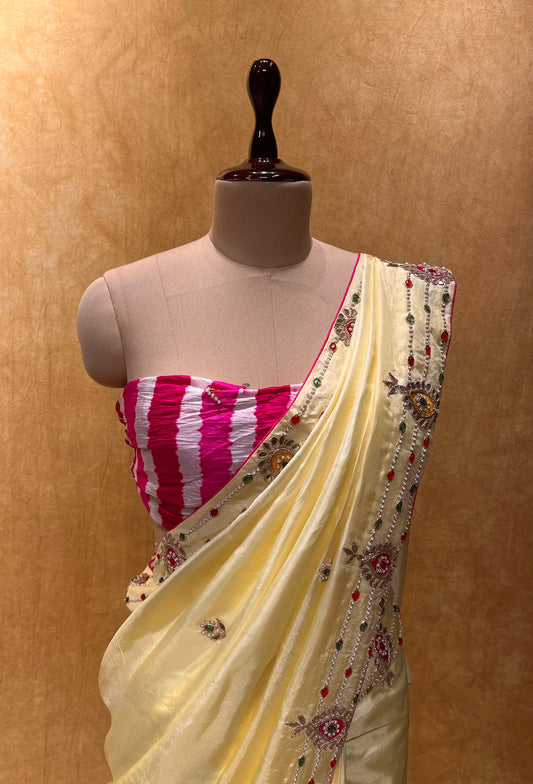 ( DELIVERY IN 25 DAYS ) LEMON YELLOW COLOUR SILK HAND EMBROIDERED SAREE WITH LEHERIYA BLOUSE EMBELLISHED WITH GOTA PATTI & PEARL WORK