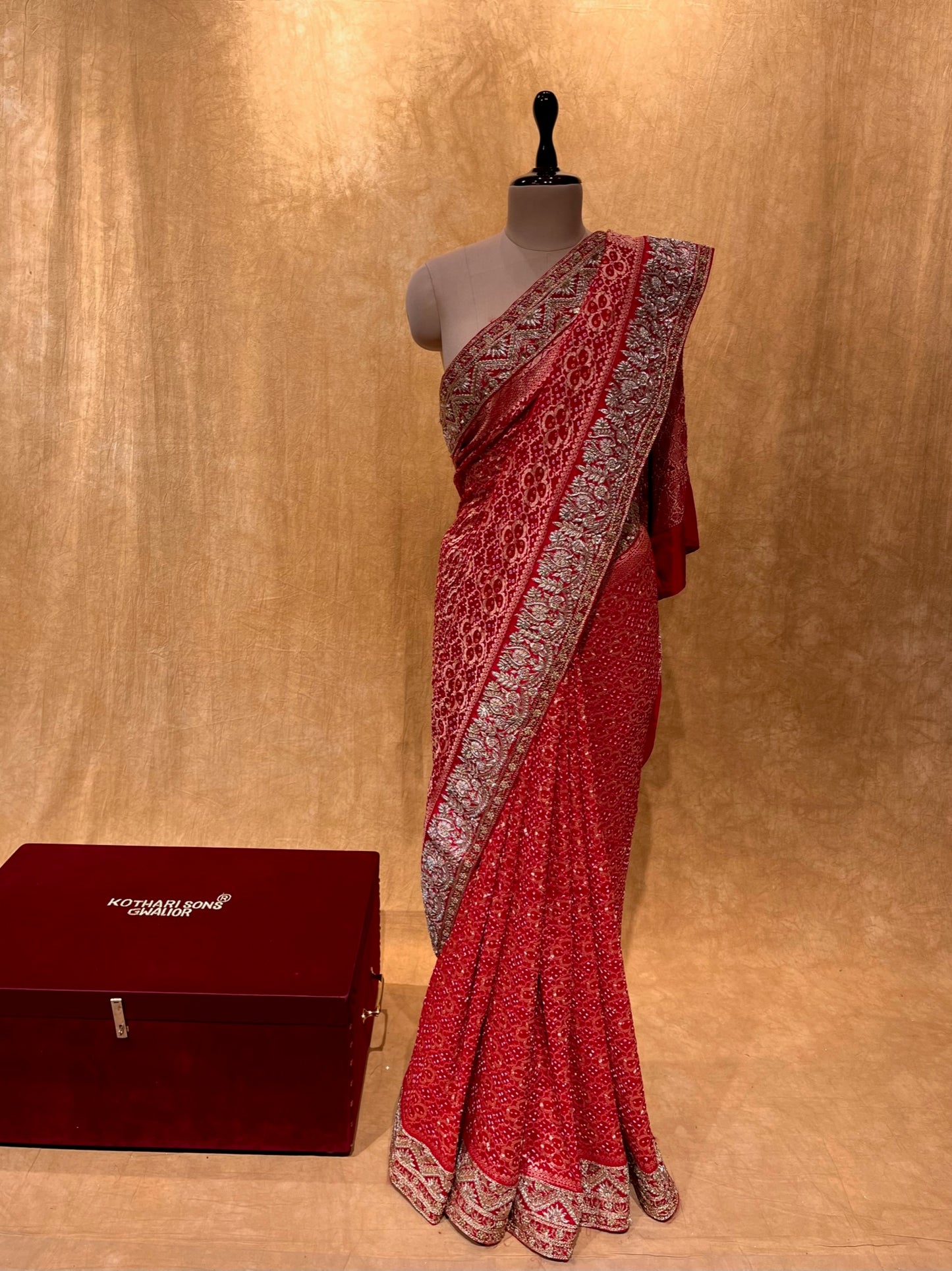 RED COLOUR GEORGETTE KHADDI SAREE EMBELLISHED WITH HAND EMBROIDERED ZARDOZI WORK