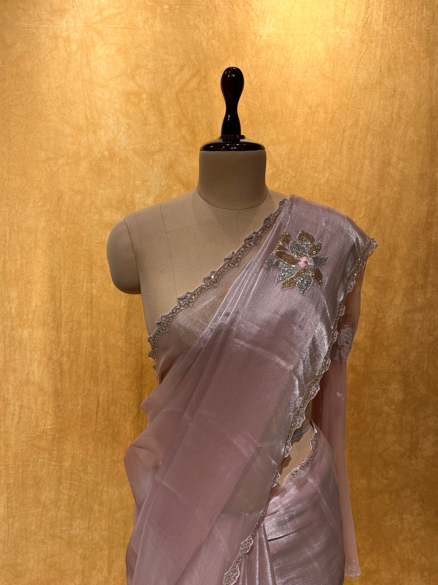 (DELIVERY IN 25 DAYS) ROSE PINK COLOUR GEORGETTE TISSUE SAREE EMBELLISHED WITH CUTDANA & SEQUINS WORK